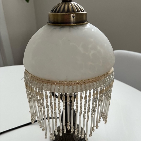 ❌SOLD❌ Vintage Fringe Beaded table lamp with frosted glass and bronze base - Picture 2 of 8